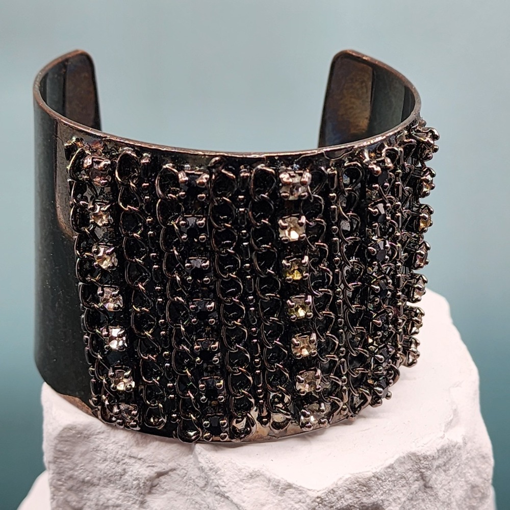 Black Rhinestone Chain Wide Cuff Bracelet Gunmetal Gothic Glam Statement Jewelry